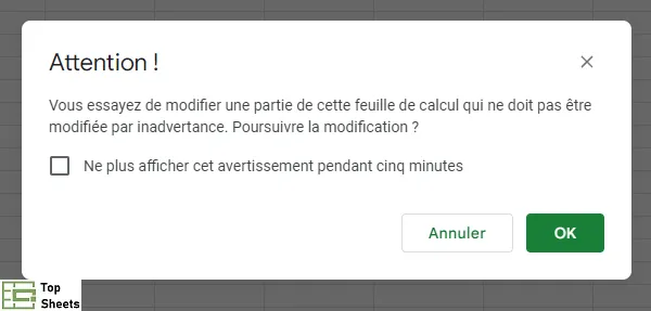 Avertissement en cas de tentative de modification de cellules verrouillées