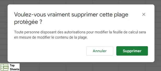 Avertissement lors de la suppression de la protection de la plage