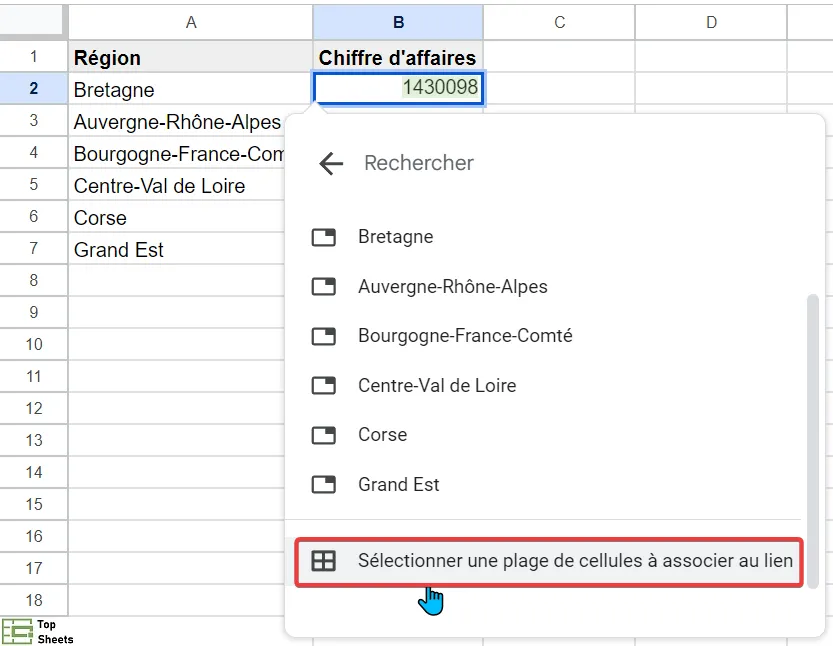 Cliquez sur Sélectionner une plage de cellules à associer au lien