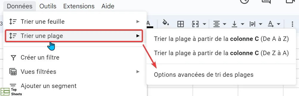 Cliquez sur l'option Trier la plage