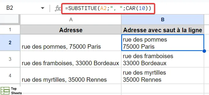 Copiez la formule pour remplacer les virgules par des sauts à la ligne