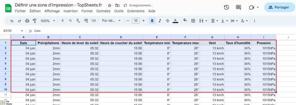 Définir la zone d'impression dans Google Sheets