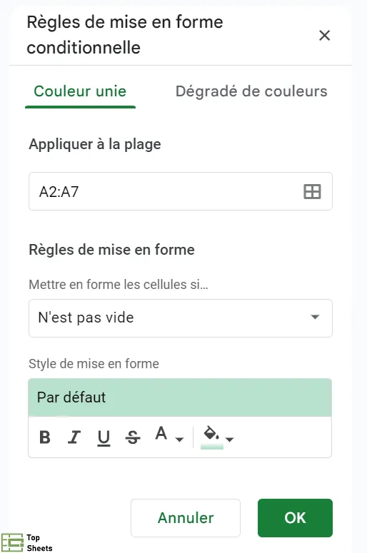 Fenêtre des règles de mise en forme conditionnelle