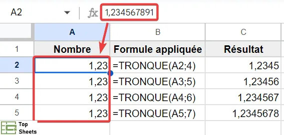 Fonction TRONQUE dans Google Sheets
