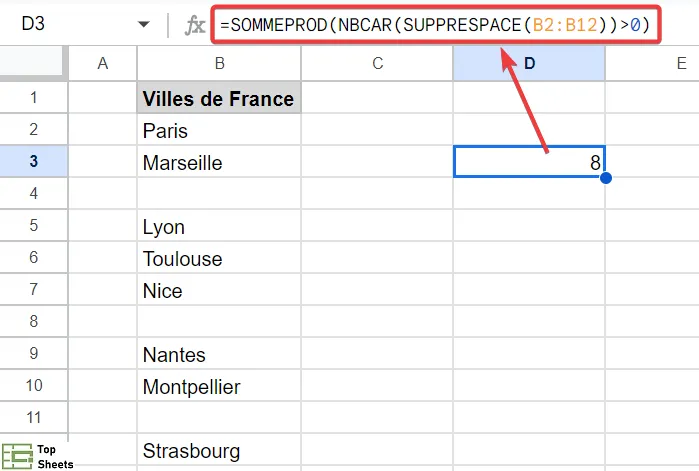Formule SOMMEPROD pour compter les cellules si non vide