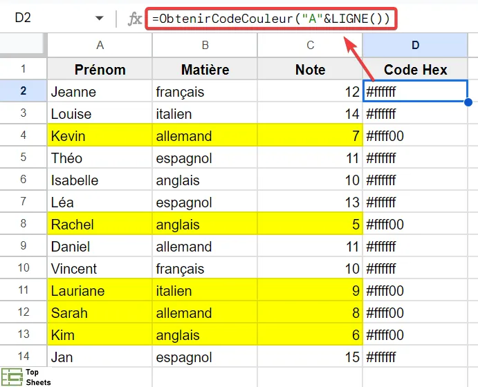 Formule pour filtrer les cellules par couleur dans Google Sheets