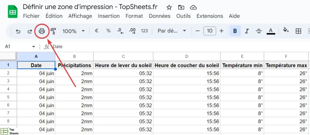 L'emplacement de l’icône Imprimer dans la barre d’outils dans Google Sheets