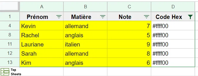 Lignes filtrées en fonction de la couleur des cellules dans Google Sheets