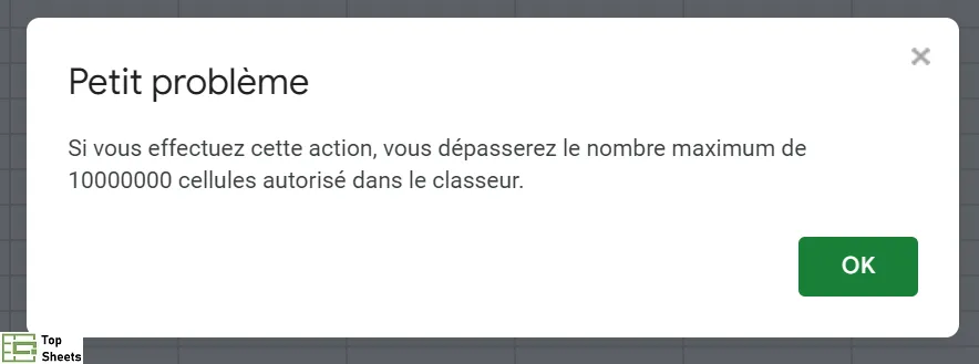 Limite du nombre de cellules dans Google Sheets - message de 10 millions de cellules