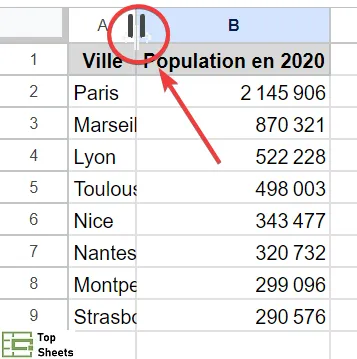 Placez le curseur sur la bordure droite de la colonne