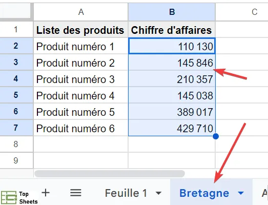 Plage à sélectionner lorsque vous cliquez sur le lien dans la cellule avec le chiffre d’affaires