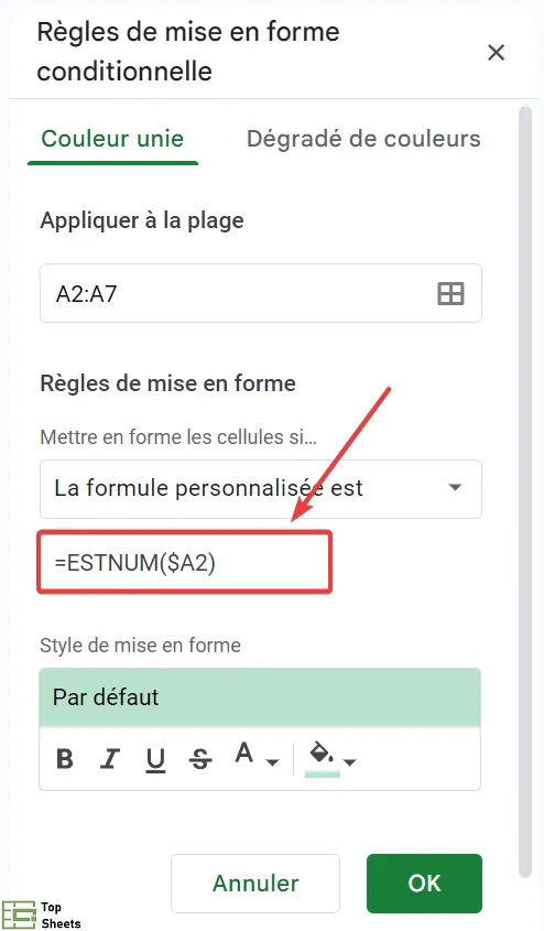 Saisissez la formule ESTNUM