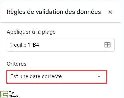 Sélectionner Est une date correcte comme validation des données dans Google Sheets