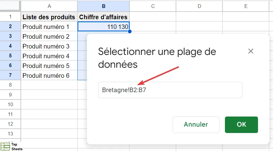 Sélectionnez la plage de cellules dans la feuille souhaitée