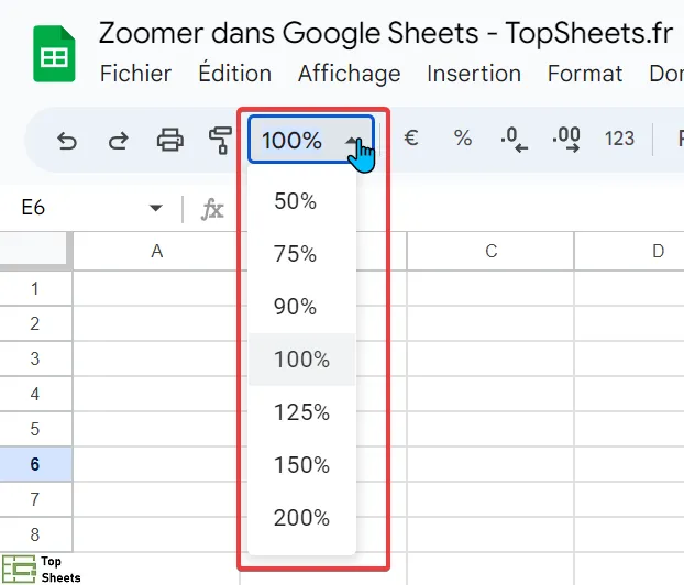 Sélectionnez le niveau de zoom dans Google Sheets