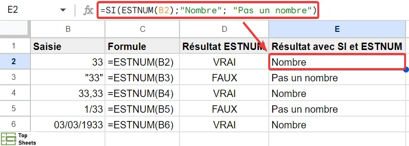 Utiliser ESTNUM avec SI dans Google Sheets