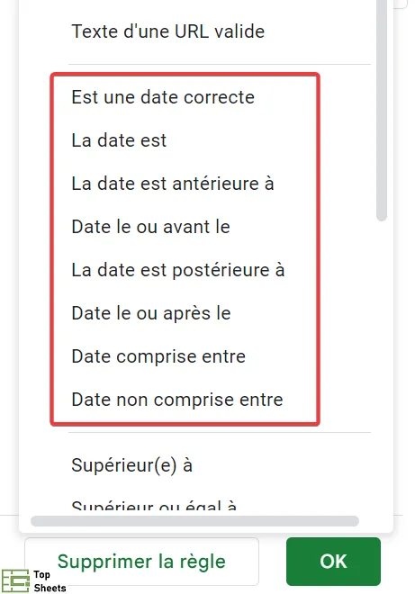 Validation des critères de date du sélecteur de date dans Google Sheets