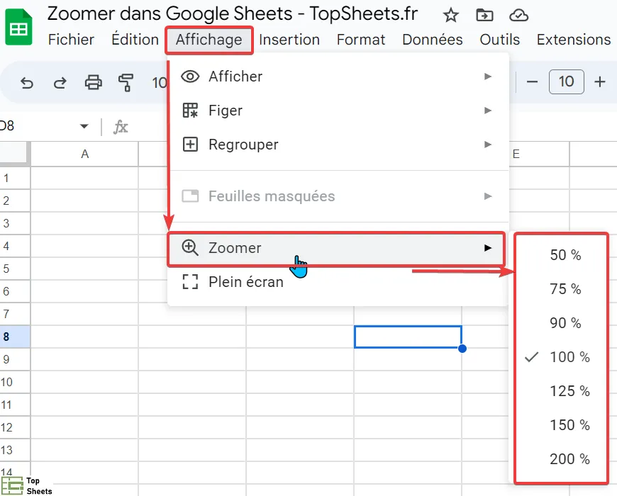Zoom avant et zoom arrière dans Google Sheets à l'aide du menu Affichage
