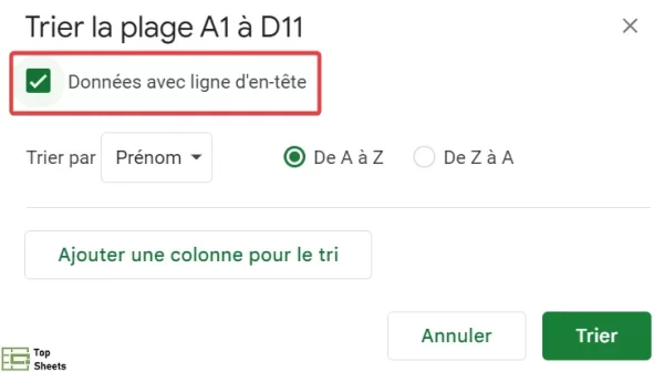 Cliquez sur Données avec ligne d’en-tête