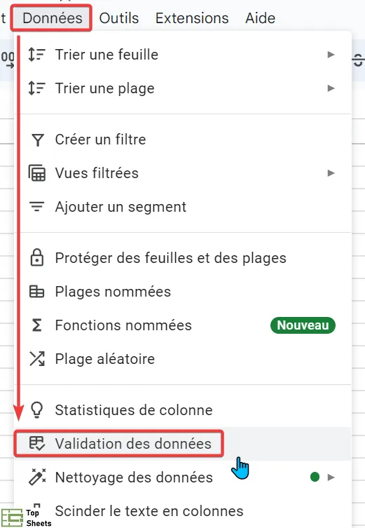 Dans la barre des menus allez dans Données puis validation des données