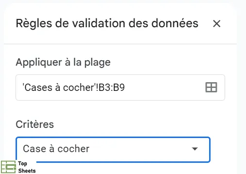 Dans validation des données, sous critères choisissez case à cocher