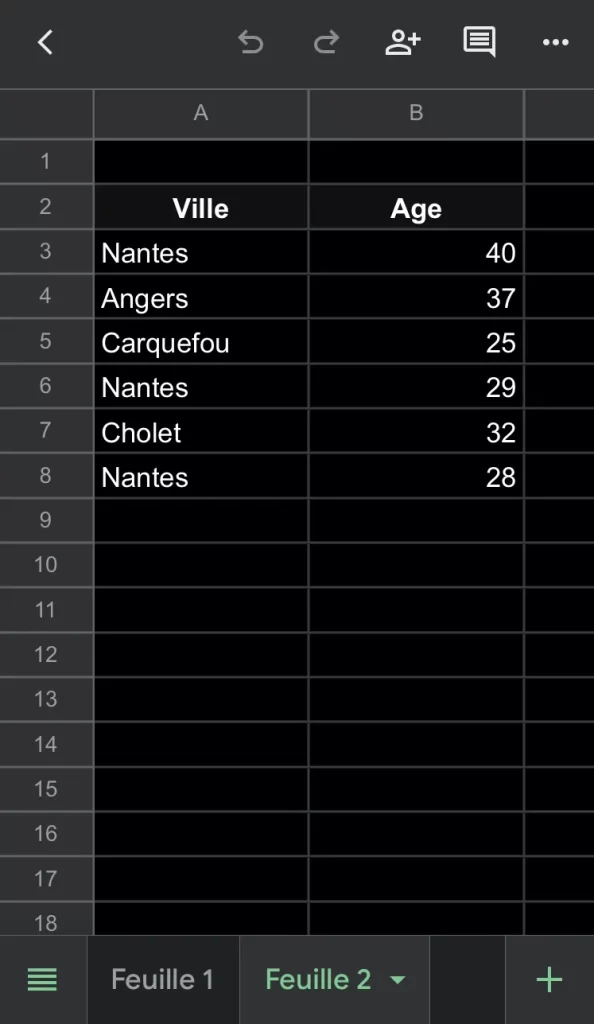 Exemple de Google Sheets en mode sombre pour téléphone portable