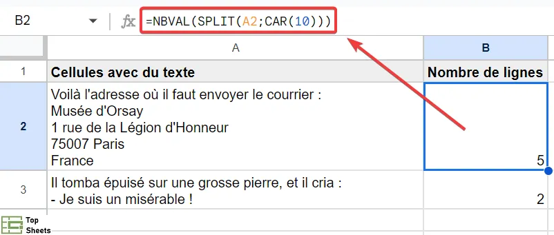 Formule pour compter les sauts de ligne dans une cellule dans Google Sheets