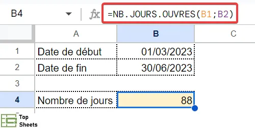 Jours ouvrés nets entre deux dates