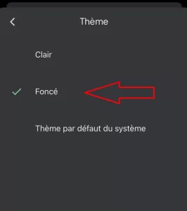 Sélectionnez Foncé pour appliquer le mode sombre à Google Sheets sur votre téléphone portable