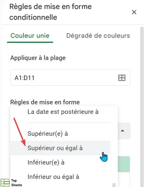 Sélectionnez supérieur ou égal à