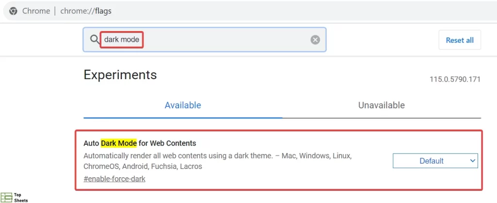 Tapez dark mode dans la barre de recherche pour voir une paramètre de mode sombre apparaître