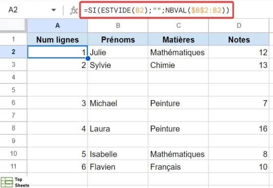 Ajouter les numéros de lignes avec une formule quand il y a des cellules vides