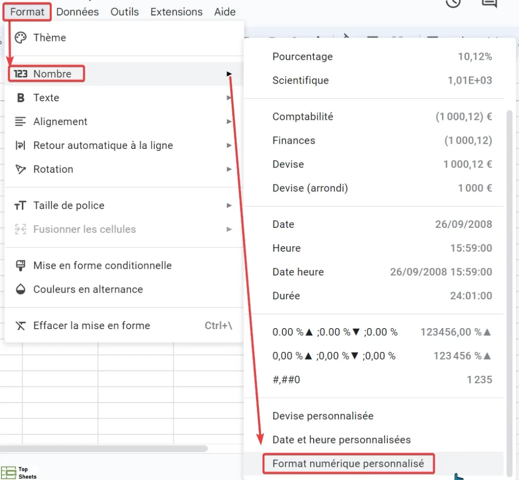 Cliquez sur Format numérique personnalisé pour conserver les zéros au début des nombres dans Google Sheets