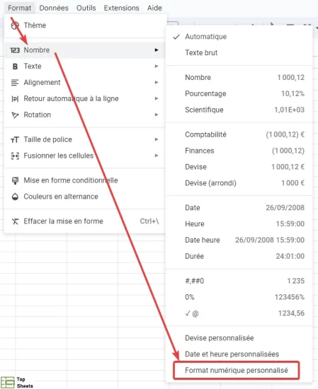 Cliquez sur l'option Format numérique personnalisé