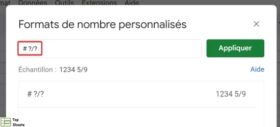 Entrez le format dans la boîte de dialogue Formats de nombre personnalisés