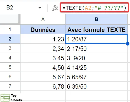Formule TEXTE pour convertir des nombres décimaux en fractions