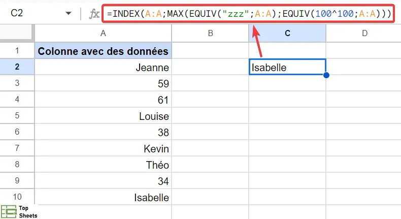 Formule pour obtenir la dernière valeur d'une colonne - texte ou nombre