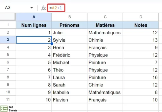 Numéroter les lignes dans Google Sheets avec une formule pour ajouter 1 à la cellule précédente