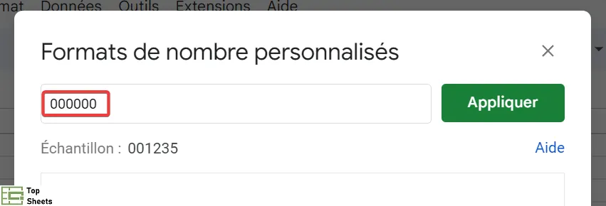 Saisissez 000000 dans la boîte de dialogue Formats de nombre personnalisés
