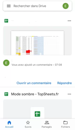 Cliquer sur le menu dans l'application Drive de votre smartphone