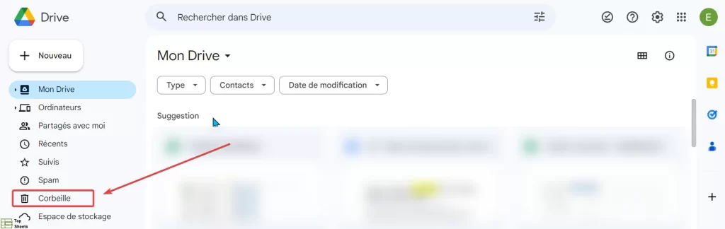 Cliquez sur la corbeille dans Google Drive