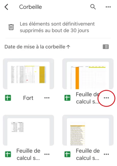 Cliquez sur les trois points en-dessous du fichier à restaurer