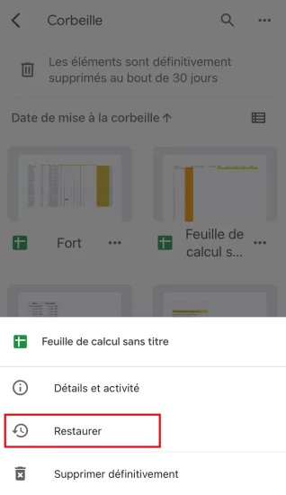 Cliquez sur restaurer pour récupérer le fichier supprimé