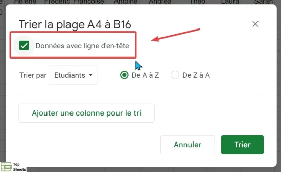 Cochez Données avec ligne d'en-tête