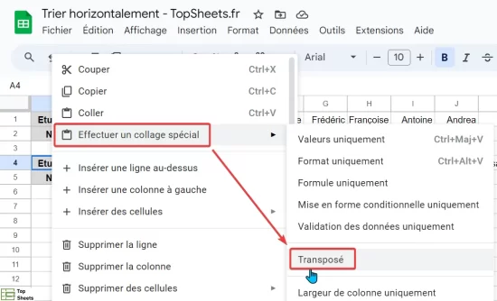 Copier et coller Transposer les données