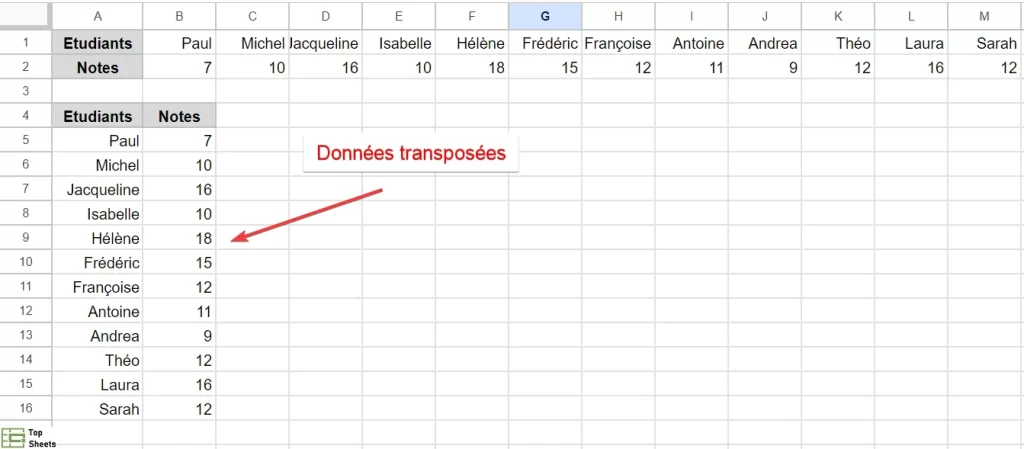 Données transposées à l'aide du collage spécial