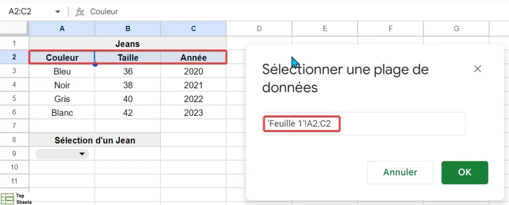 Sélectionner les en-têtes de catégories