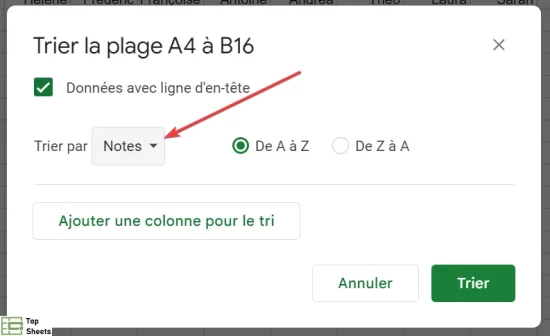 Sélectionnez Notes dans la liste déroulante