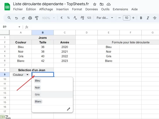 Un exemple de liste déroulante dépendante dans Google Sheets