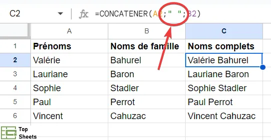 Ajouter des espaces à CONCATENER dans Google Sheets
